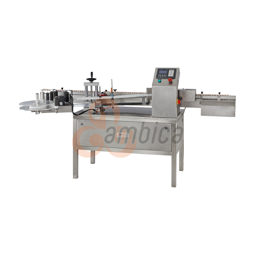 Automatic High Speed Self Adhesive (Sticker) Labelling Machines for Round Containers. Models: AHL-150SA and AHL-300SA